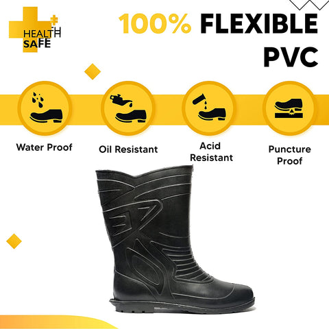 Health Safe Gum Boot For Men, "28.5Cm Height" (Black) Flexible Pvc, Anti-Slip, Oil/Water/Acid Resistance, Industrial/Labor/Worker Purpose, Unisex Gumboot