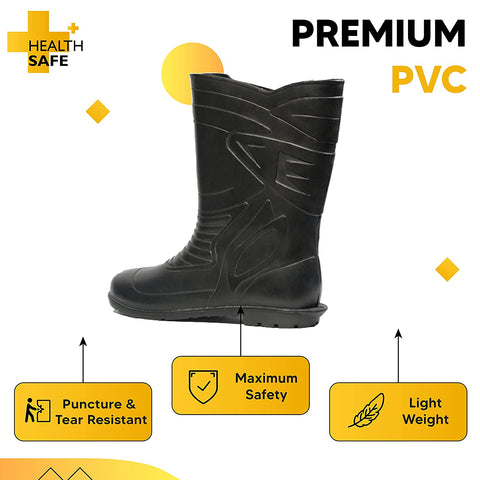 Health Safe Gum Boot For Men, "28.5Cm Height" (Black) Flexible Pvc, Anti-Slip, Oil/Water/Acid Resistance, Industrial/Labor/Worker Purpose, Unisex Gumboot