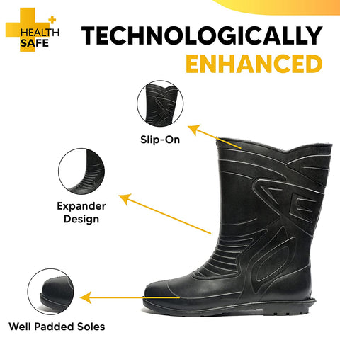 Health Safe Gum Boot For Men, "28.5Cm Height" (Black) Flexible Pvc, Anti-Slip, Oil/Water/Acid Resistance, Industrial/Labor/Worker Purpose, Unisex Gumboot