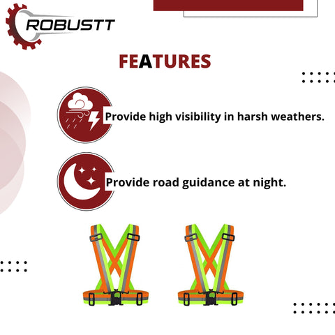 Robustt High Visibility Protective Safety Reflective Vest Belt Jacket, Night Cycling Reflector Strips Cross Belt Stripes Adjustable Vest Safety Jacket (DUAL COLOUR)