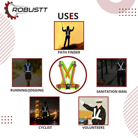 Robustt High Visibility Protective Safety Reflective Vest Belt Jacket, Night Cycling Reflector Strips Cross Belt Stripes Adjustable Vest Safety Jacket (DUAL COLOUR)